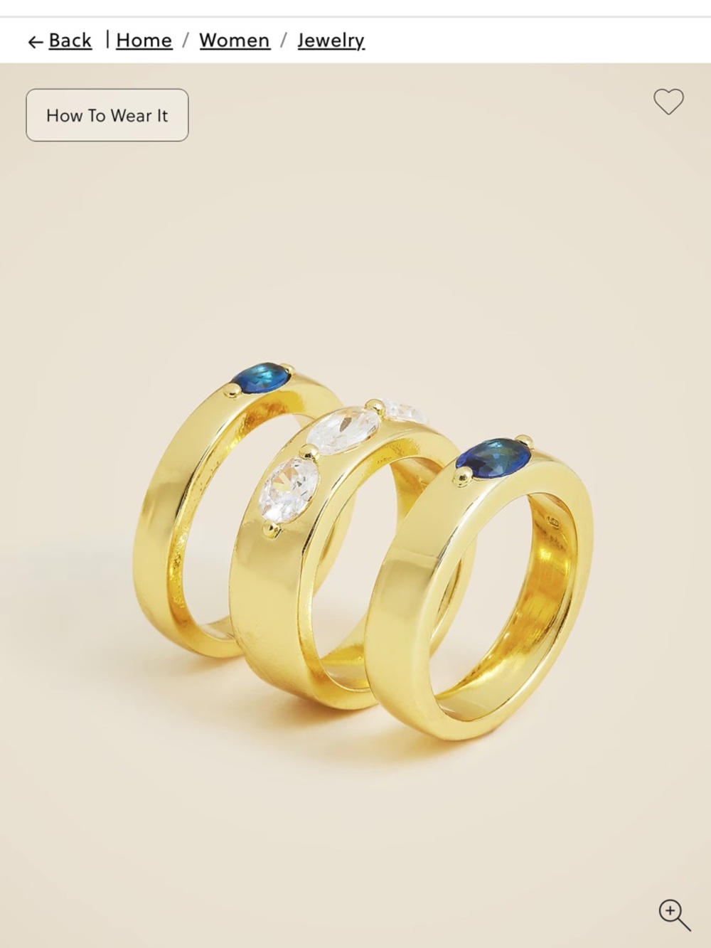 J. Crew Gold Tone Stackable Ring Trio with Blue and Clear Crystal Stones